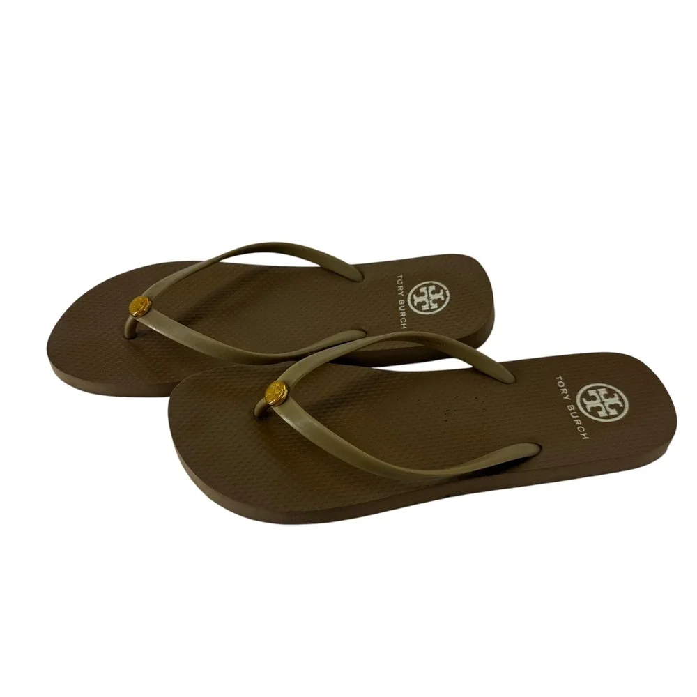 Tory Burch Women Brown Olive Rubber Flip Flop Sandals Gold Logo Medallion Flat